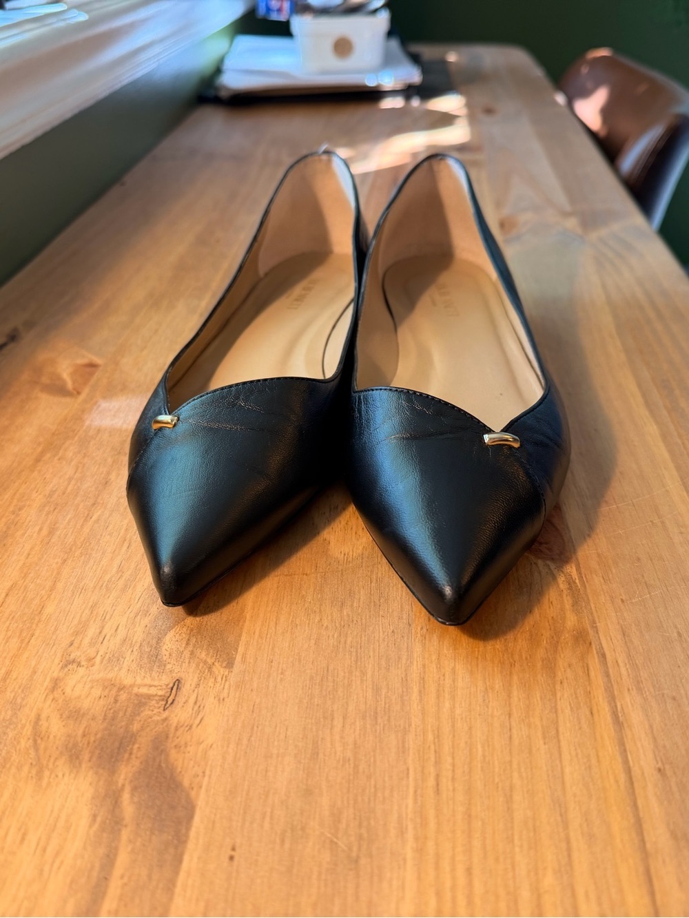 LK Bennett Black Pointed-Toe Leather Flats with Gold Accent - Picture 3 of 5